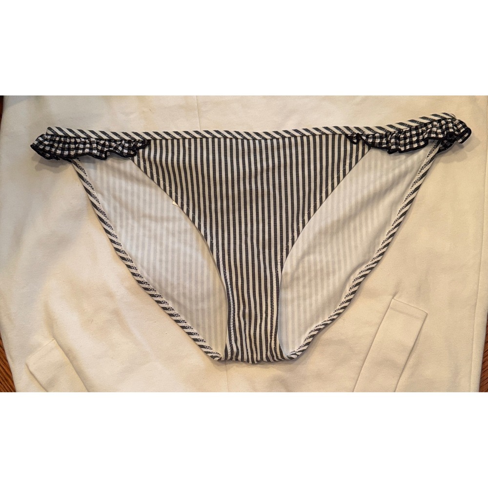 Aerie Bikini Bottoms Women Medium Black White NEW Striped Ruffle Gingham Trim
